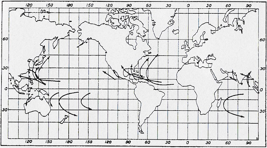 Fig. 7. Kortet viser de områder hvor tropiske cykloner forekommer, og pilene viser de generelle bevægelsesmønstre.