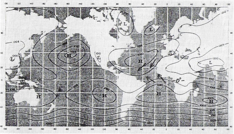 Fig. 2. Middeltrykfordelingen i juli måned. Pilene i Atlanten viser henholdsvis nordøst- og sydøst passaten.